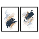 Navy, Blue and Beige Watercolour Shapes Set of 2 Art Prints with Black Frame
