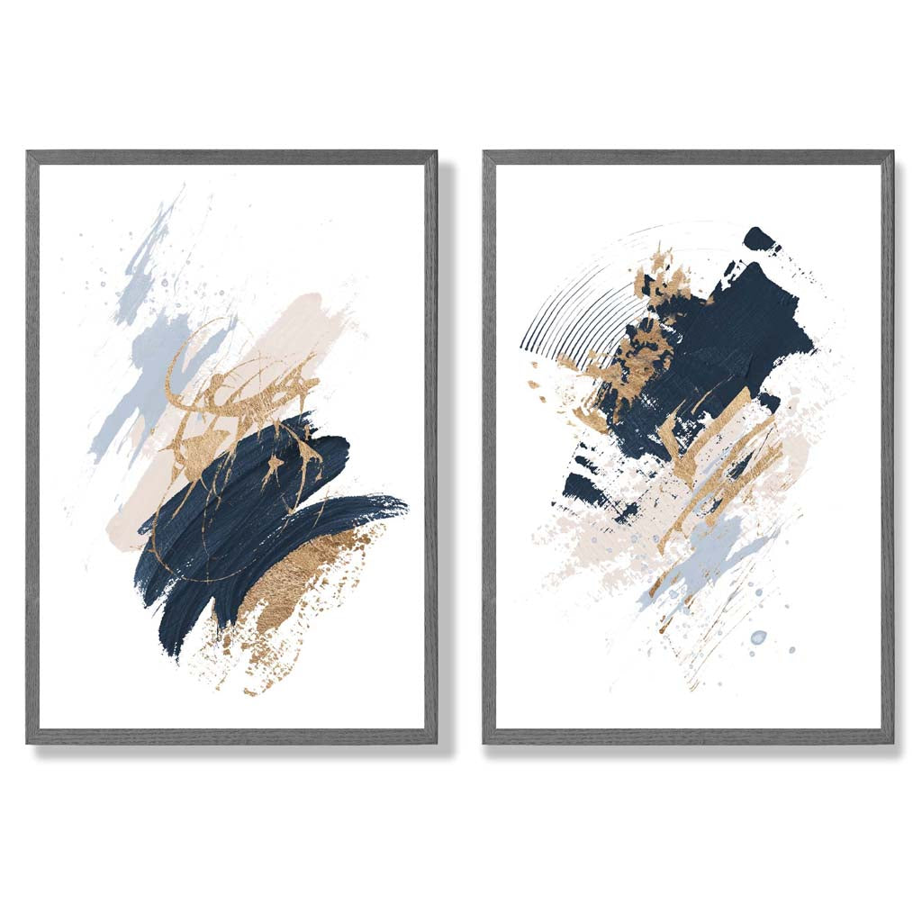 Navy, Blue and Beige Watercolour Shapes Set of 2 Art Prints with Dark Grey Frame