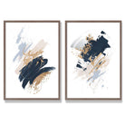 Navy, Blue and Beige Watercolour Shapes Set of 2 Art Prints with Walnut Frame