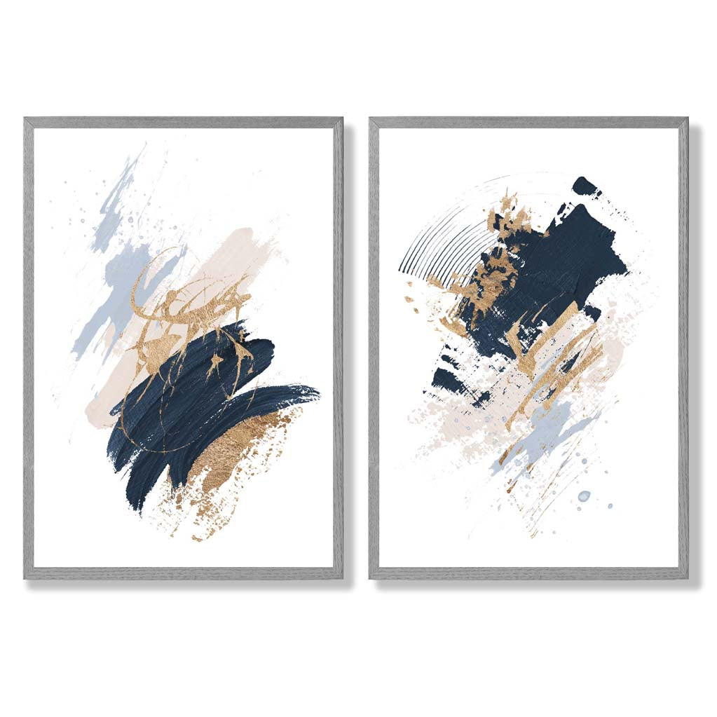 Navy, Blue and Beige Watercolour Shapes Set of 2 Art Prints with Light Grey Frame