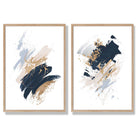 Navy, Blue and Beige Watercolour Shapes Set of 2 Art Prints with Oak Frame