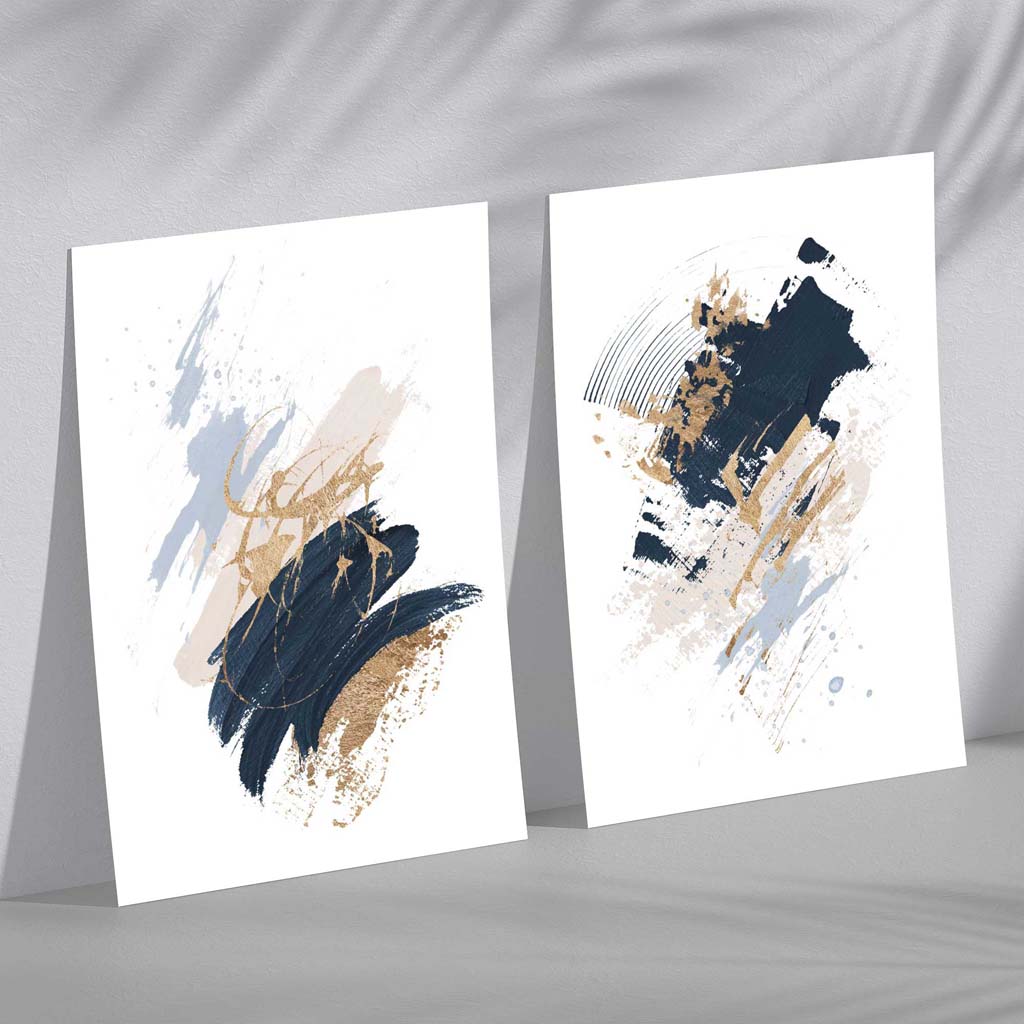 Navy, Blue and Beige Watercolour Shapes Set of 2 Art Prints