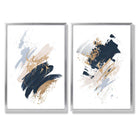 Navy, Blue and Beige Watercolour Shapes Set of 2 Art Prints with Silver Frame