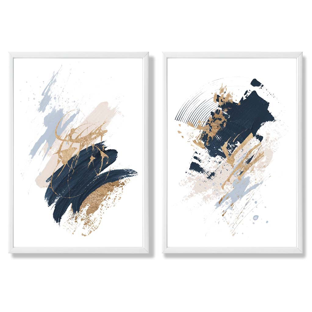 Navy, Blue and Beige Watercolour Shapes Set of 2 Art Prints with White Frame