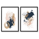 Pink and Navy Abstract Strokes Set of 2 Art Prints with Black Frame