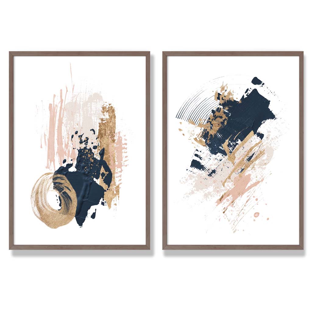 Pink and Navy Abstract Strokes Set of 2 Art Prints with Walnut Frame