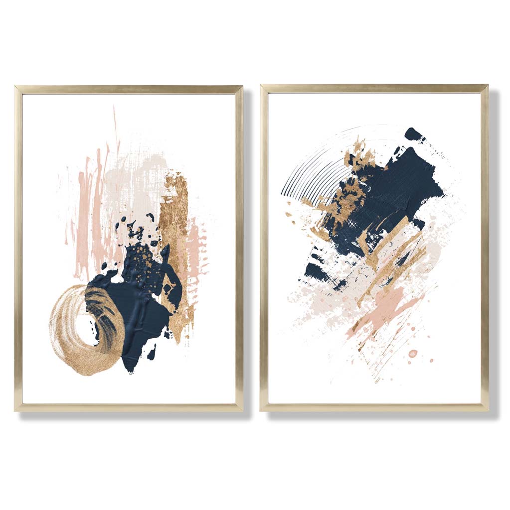 Pink and Navy Abstract Strokes Set of 2 Art Prints with Gold Frame