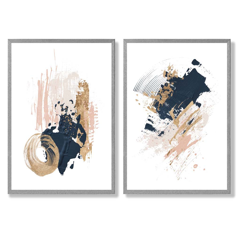Pink and Navy Abstract Strokes Set of 2 Art Prints with Light Grey Frame