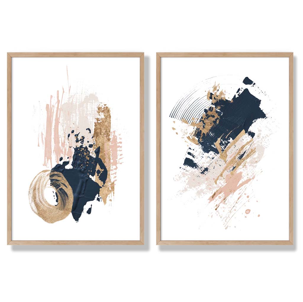 Pink and Navy Abstract Strokes Set of 2 Art Prints with Oak Frame