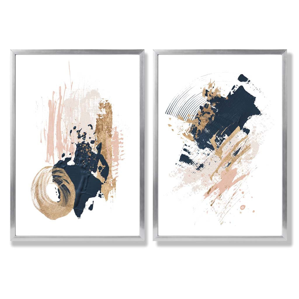 Pink and Navy Abstract Strokes Set of 2 Art Prints with Silver Frame