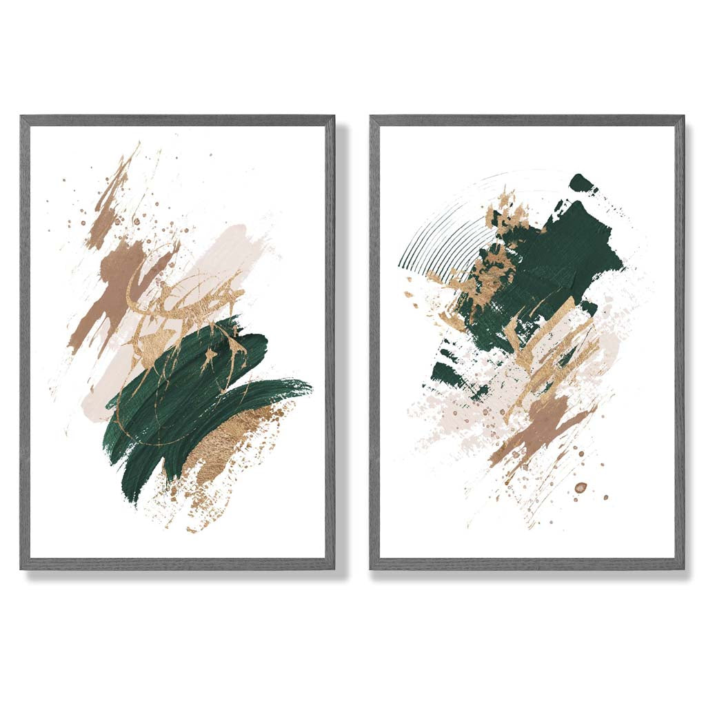 Green and Beige Abstract Strokes Set of 2 Art Prints with Dark Grey Frame