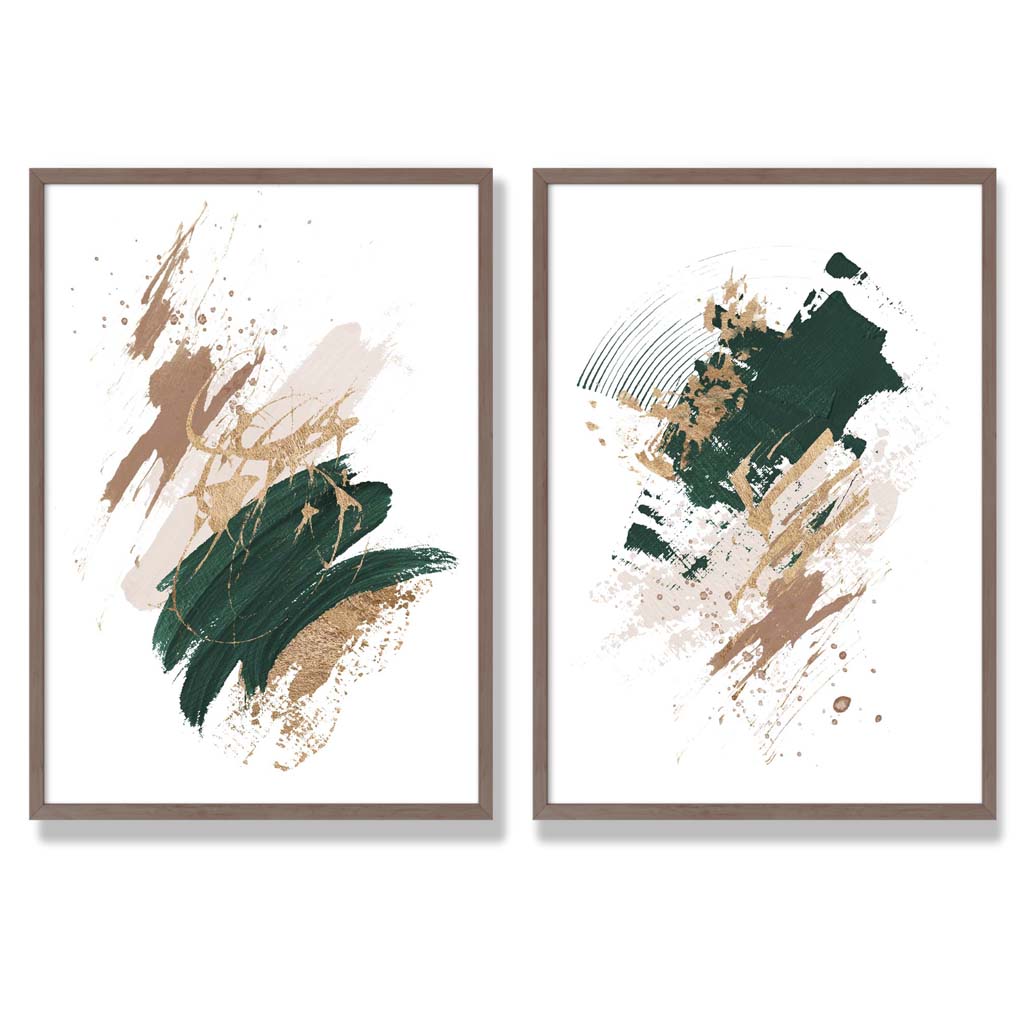 Green and Beige Abstract Strokes Set of 2 Art Prints with Walnut Frame