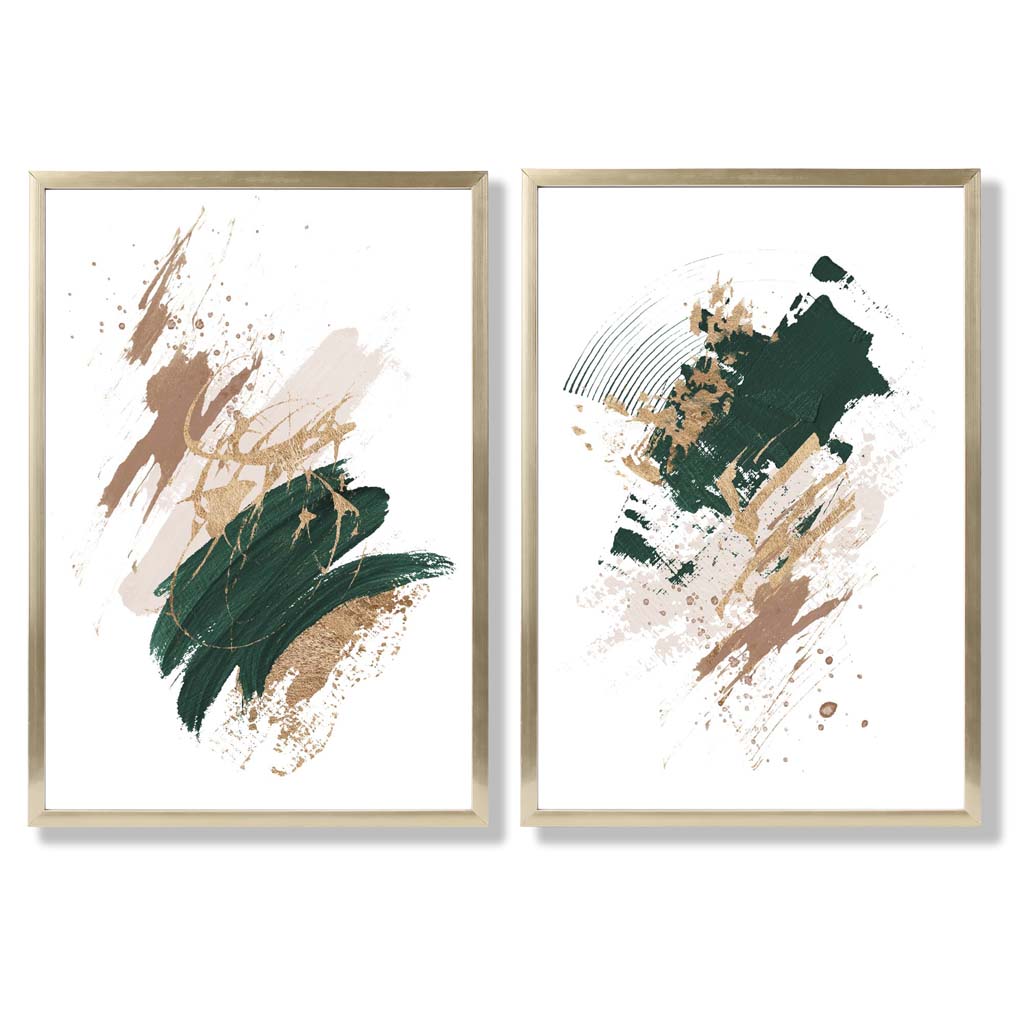 Green and Beige Abstract Strokes Set of 2 Art Prints with Gold Frame
