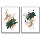 Green and Beige Abstract Strokes Set of 2 Art Prints with Light Grey Frame