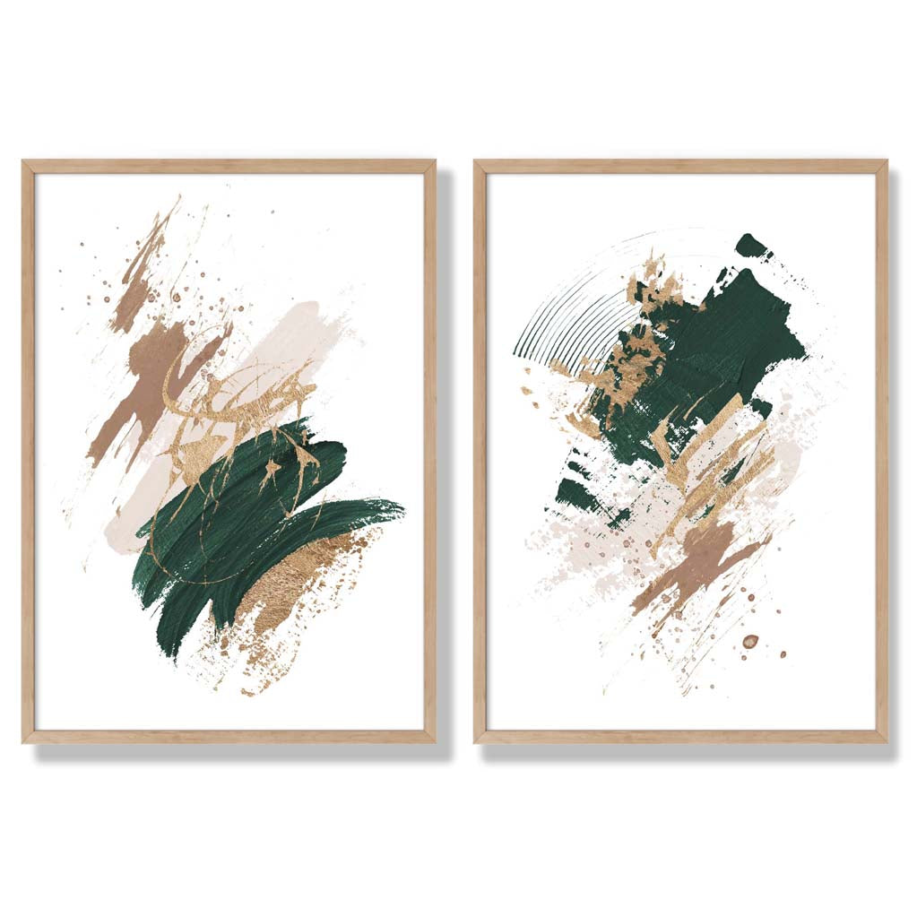 Green and Beige Abstract Strokes Set of 2 Art Prints with Oak Frame