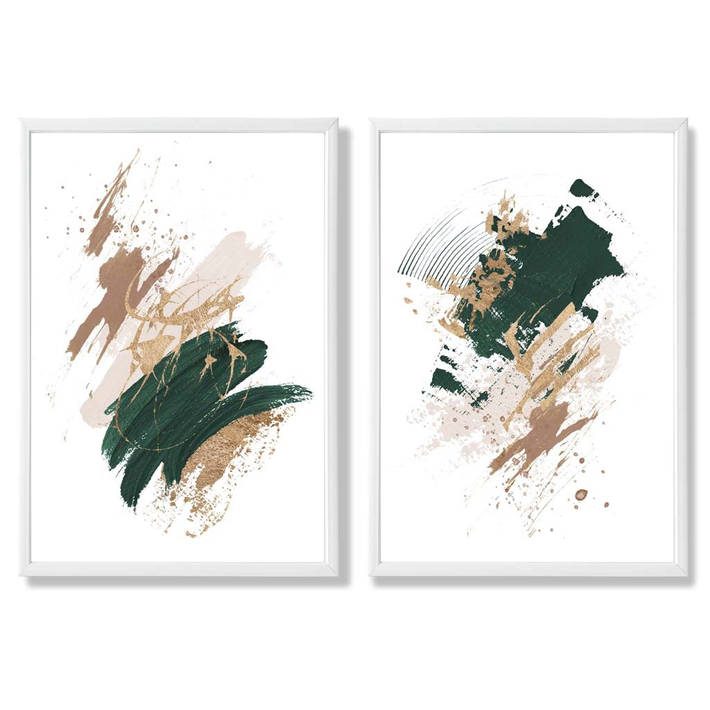 Green and Beige Abstract Strokes Set of 2 Art Prints with White Frame