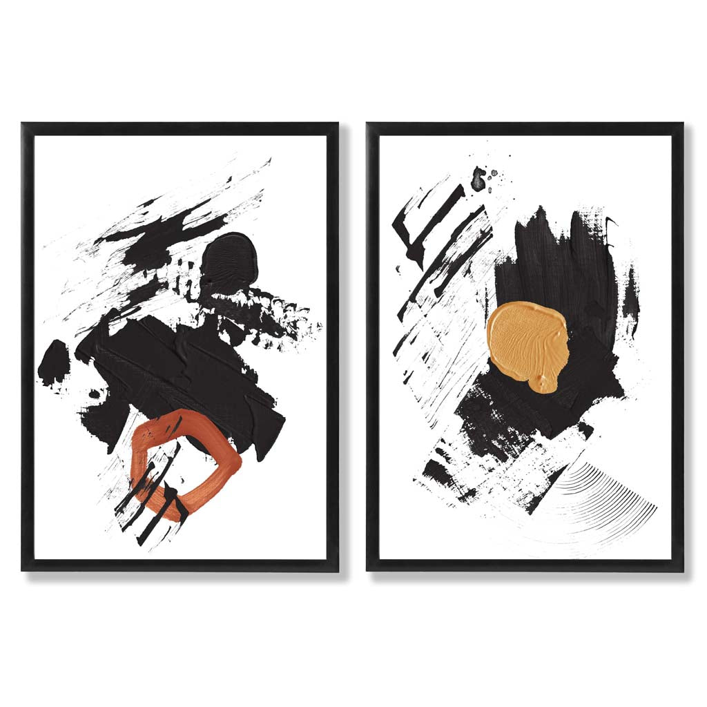 Black and Yellow Abstract Strokes Set of 2 Art Prints with Black Frame