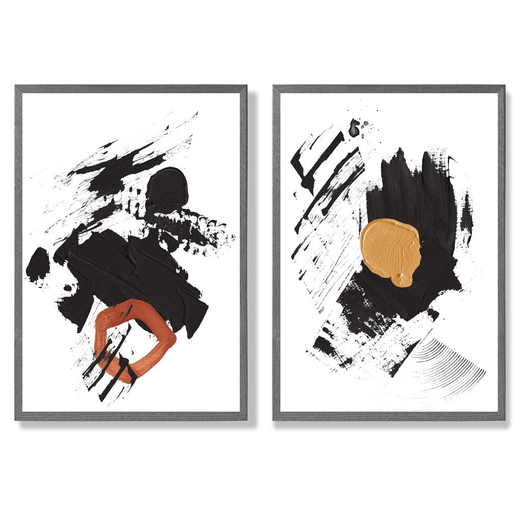 Black and Yellow Abstract Strokes Set of 2 Art Prints with Dark Grey Frame