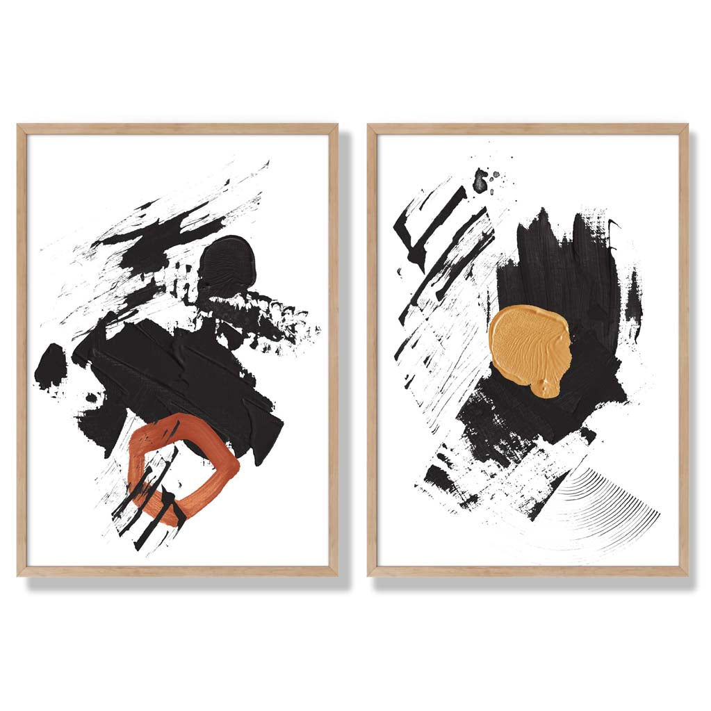 Black and Yellow Abstract Strokes Set of 2 Art Prints with Oak Frame