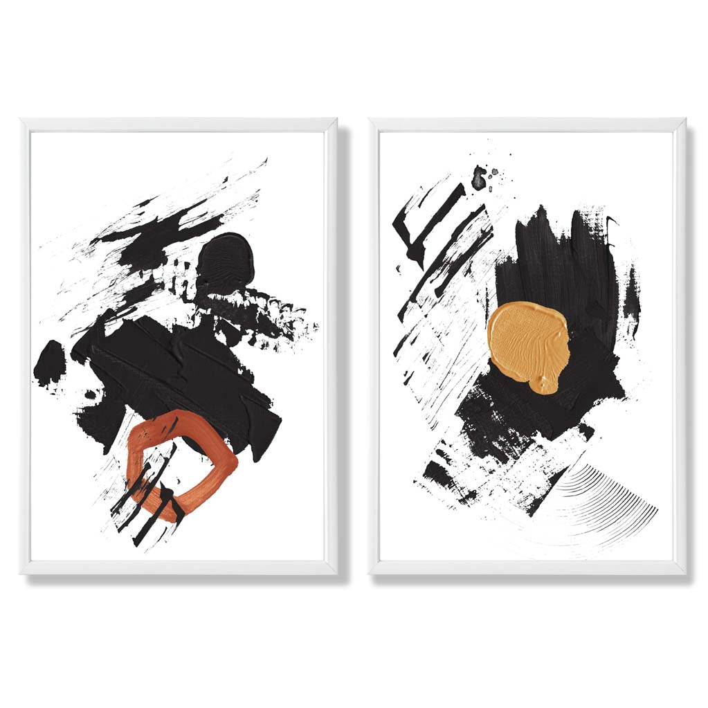 Black and Yellow Abstract Strokes Set of 2 Art Prints with White Frame