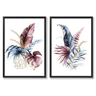 Abstract Pink,Blue Botanical Leaves Set of 2 Art Prints with Black Frame