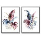 Abstract Pink,Blue Botanical Leaves Set of 2 Art Prints with Dark Grey Frame