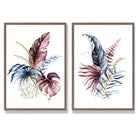Abstract Pink,Blue Botanical Leaves Set of 2 Art Prints with Walnut Frame