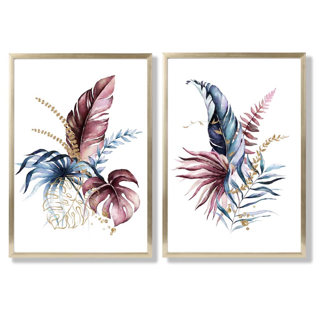 Abstract Pink,Blue Botanical Leaves Set of 2 Art Prints with Gold Frame