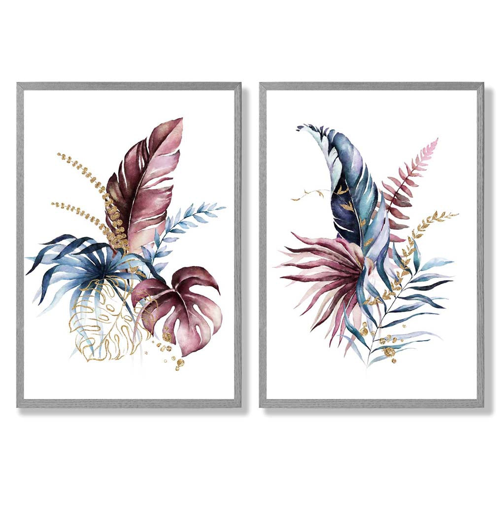 Abstract Pink,Blue Botanical Leaves Set of 2 Art Prints with Light Grey Frame
