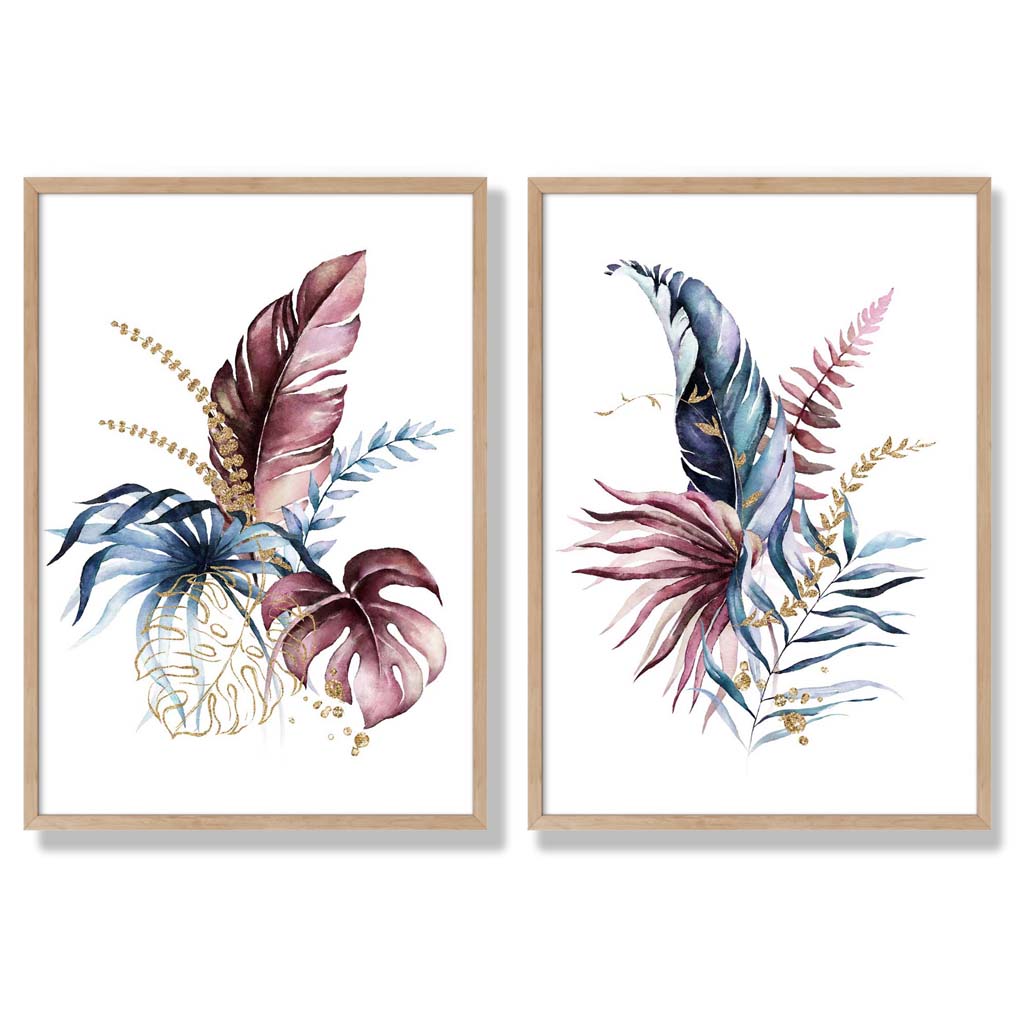 Abstract Pink,Blue Botanical Leaves Set of 2 Art Prints with Oak Frame