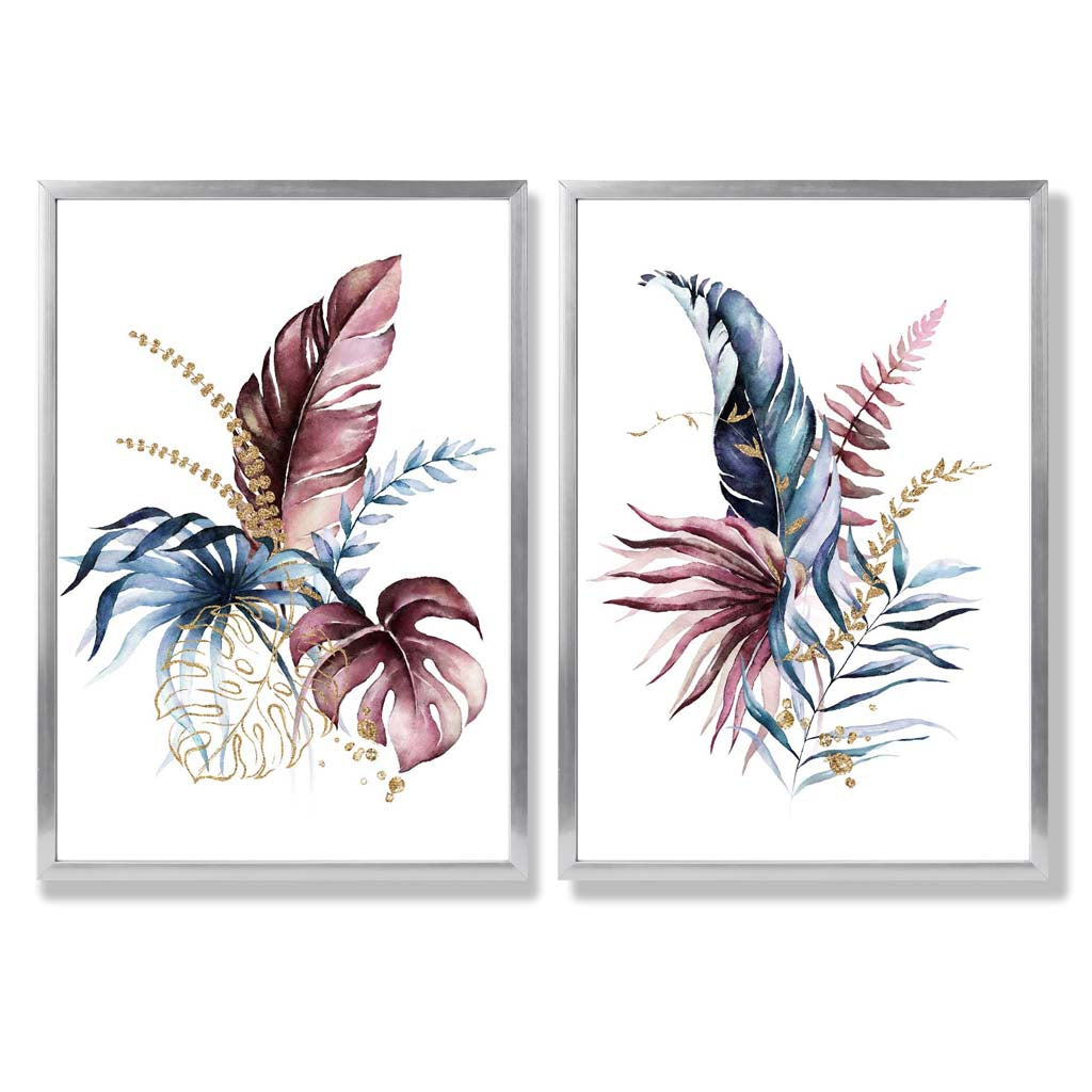 Abstract Pink,Blue Botanical Leaves Set of 2 Art Prints with Silver Frame