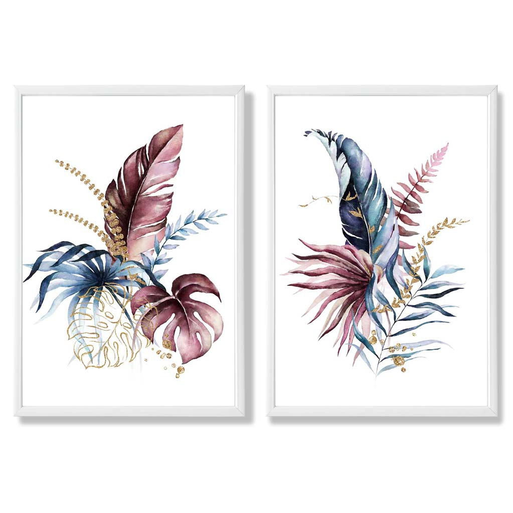 Abstract Pink,Blue Botanical Leaves Set of 2 Art Prints with White Frame