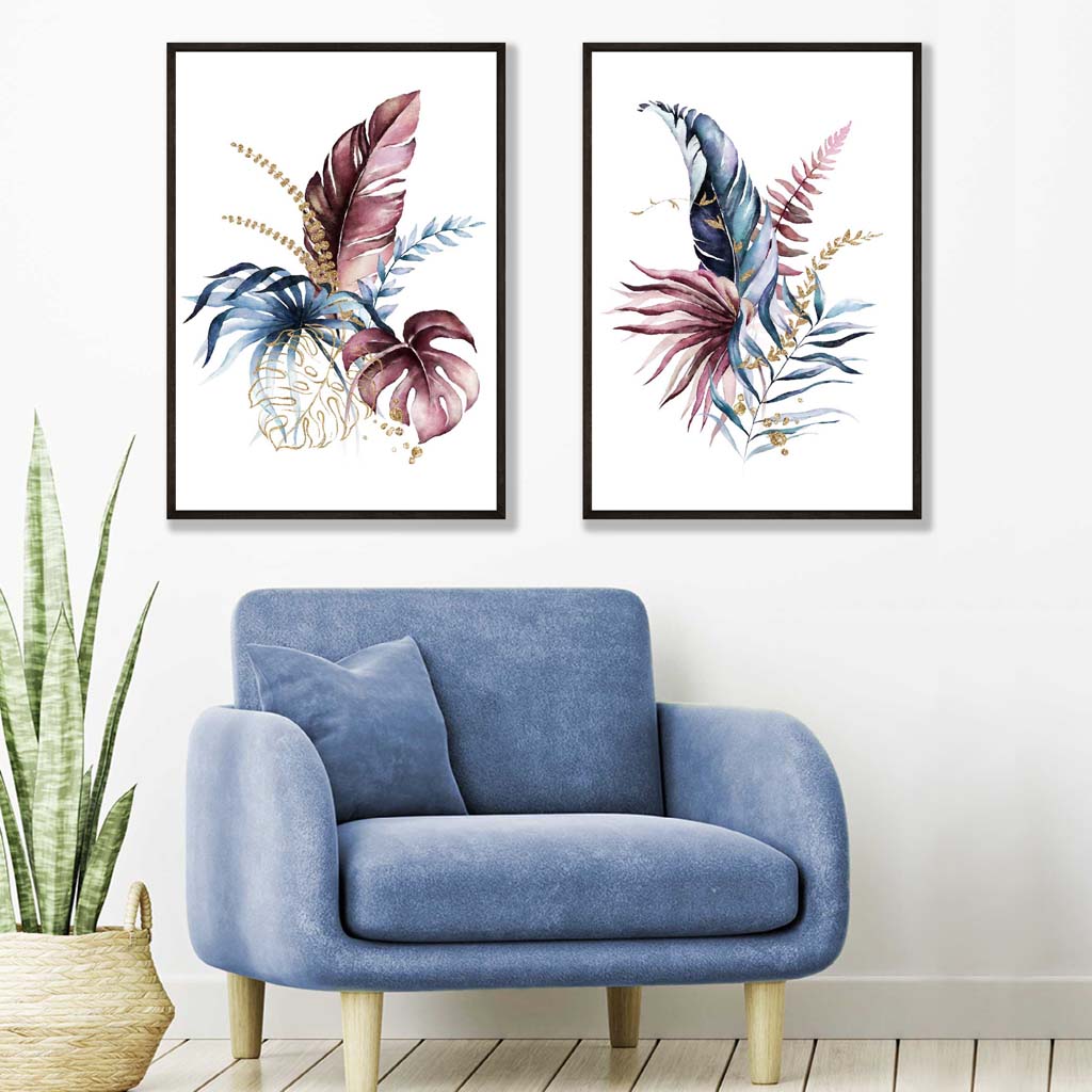 Set of 2 Abstract Pink,Blue Botanical Leaves Prints in black frames | Artze Wall Art UK