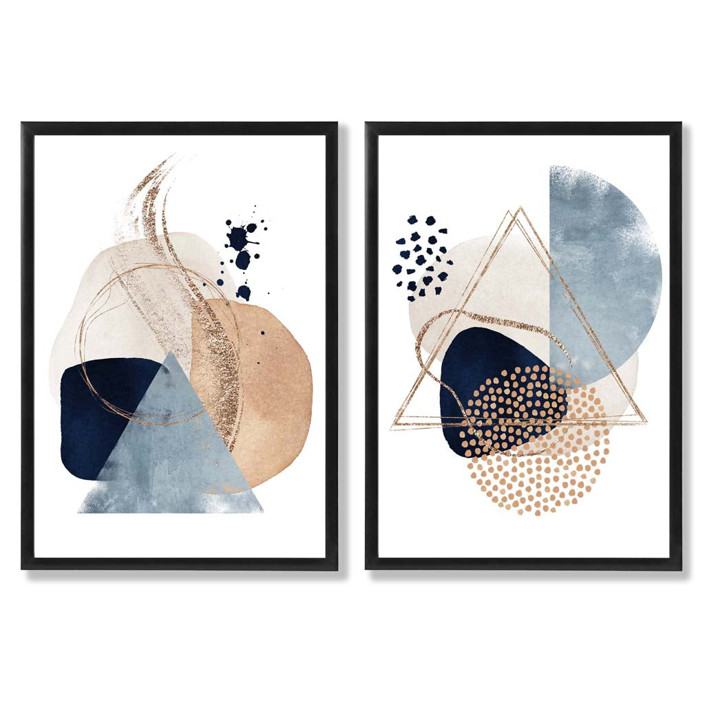 Blue and Beige Watercolour Shapes Set of 2 Art Prints with Black Frame