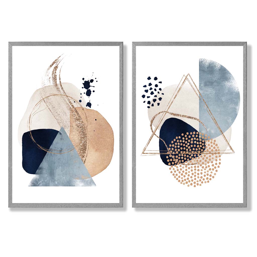 Blue and Beige Watercolour Shapes Set of 2 Art Prints with Light Grey Frame