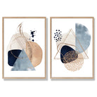 Blue and Beige Watercolour Shapes Set of 2 Art Prints with Oak Frame