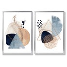 Blue and Beige Watercolour Shapes Set of 2 Art Prints with Silver Frame