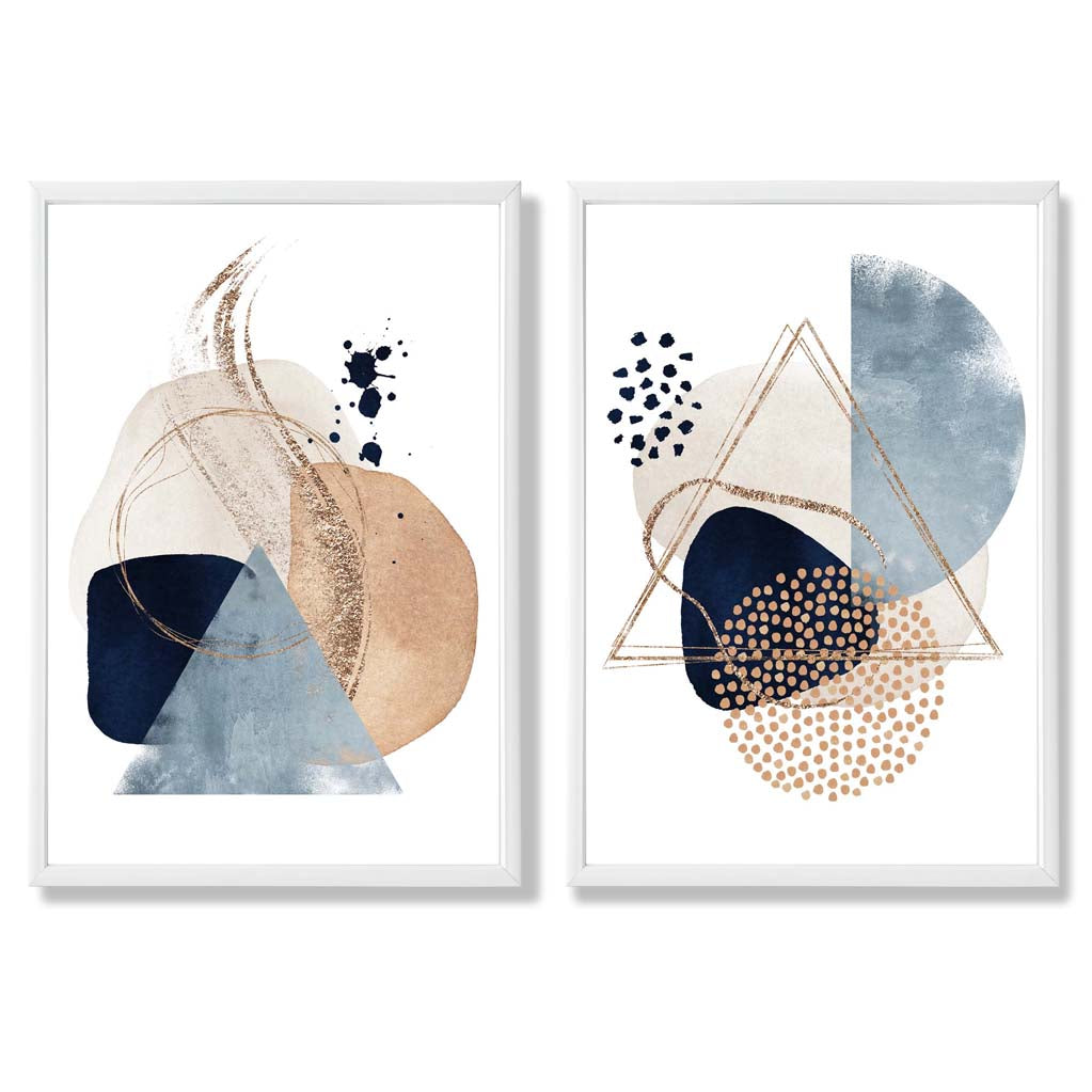 Blue and Beige Watercolour Shapes Set of 2 Art Prints with White Frame