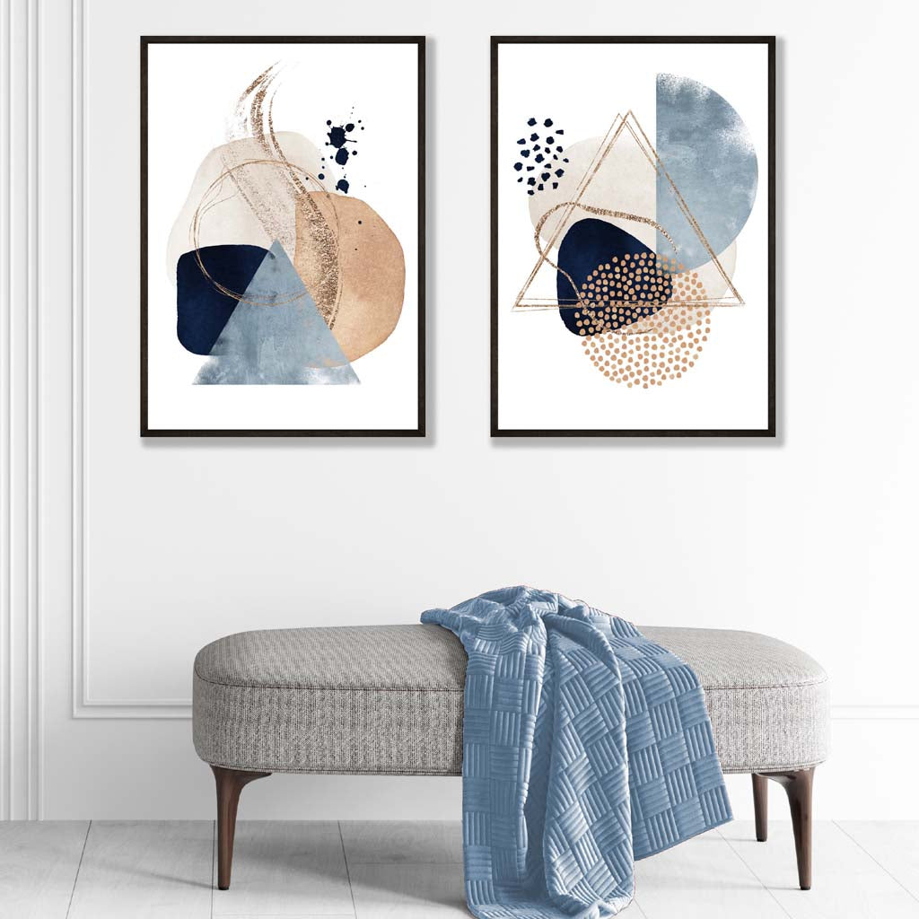 set of 2 Blue and Beige Watercolour Shapes Prints in Black Frames | Artze Wall Art UK