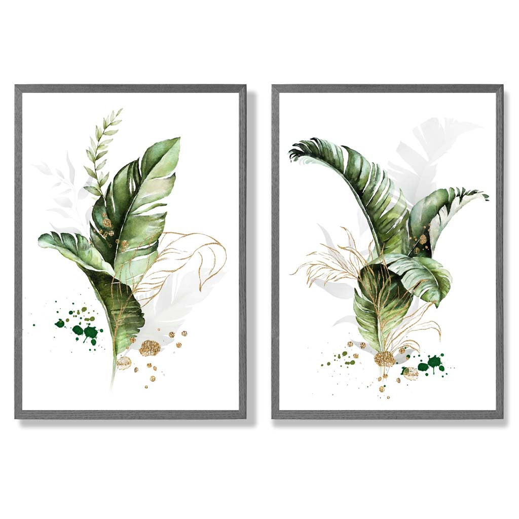 Abstract Green Botanical Leaves Set of 2 Art Prints with Dark Grey Frame