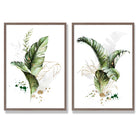 Abstract Green Botanical Leaves Set of 2 Art Prints with Walnut Frame