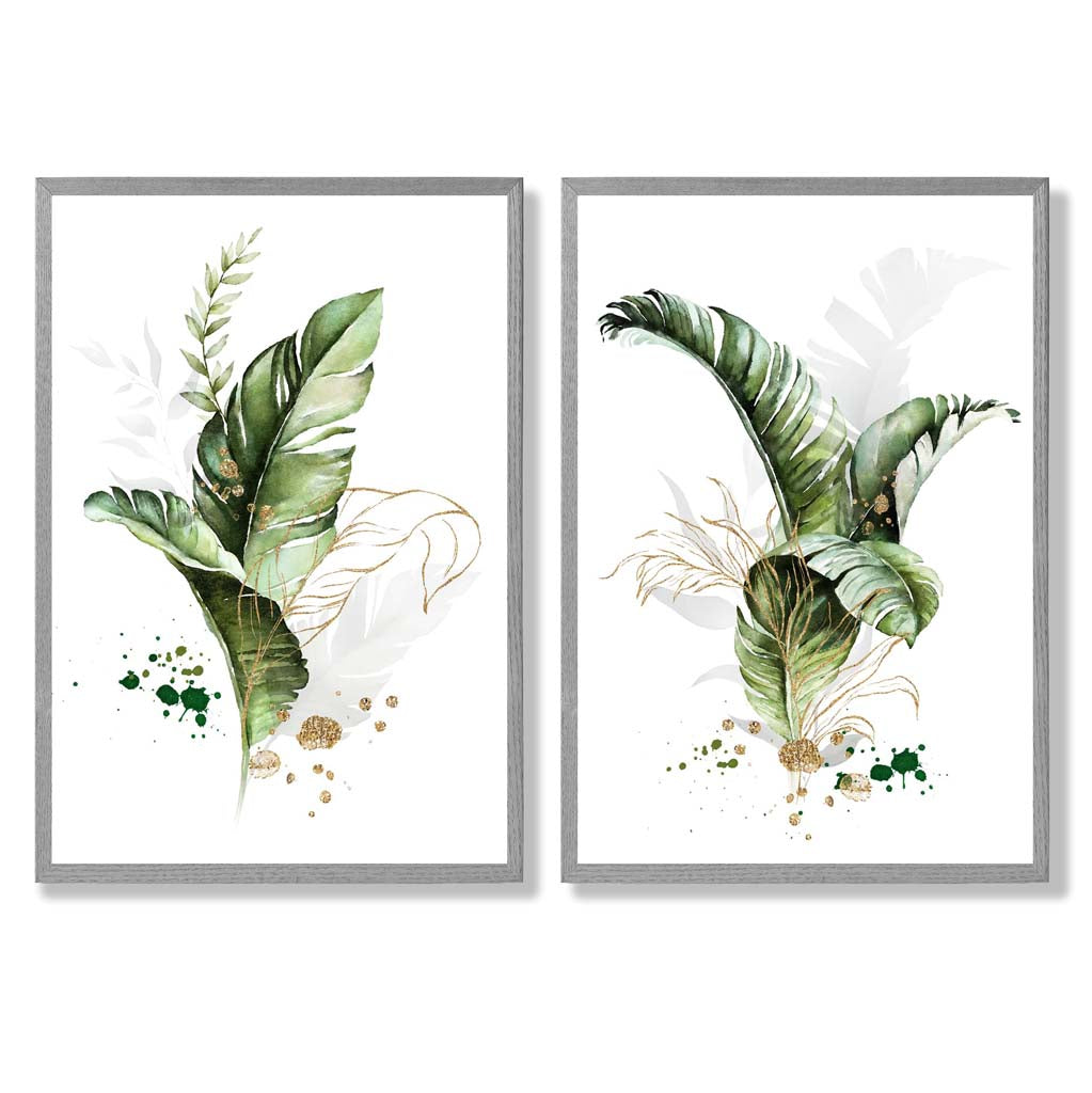 Abstract Green Botanical Leaves Set of 2 Art Prints with Light Grey Frame