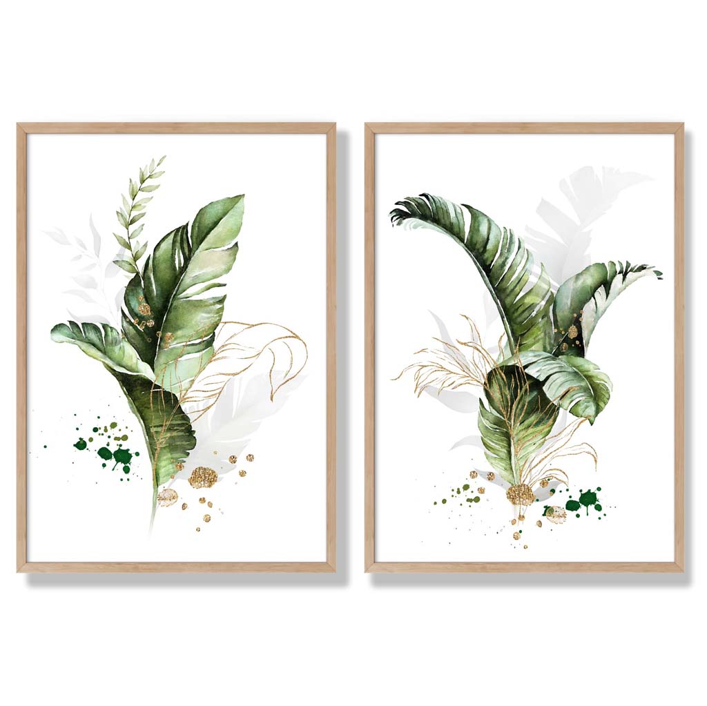 Abstract Green Botanical Leaves Set of 2 Art Prints with Oak Frame