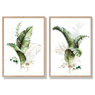 Abstract Green Botanical Leaves Set of 2 Art Prints with Oak Frame