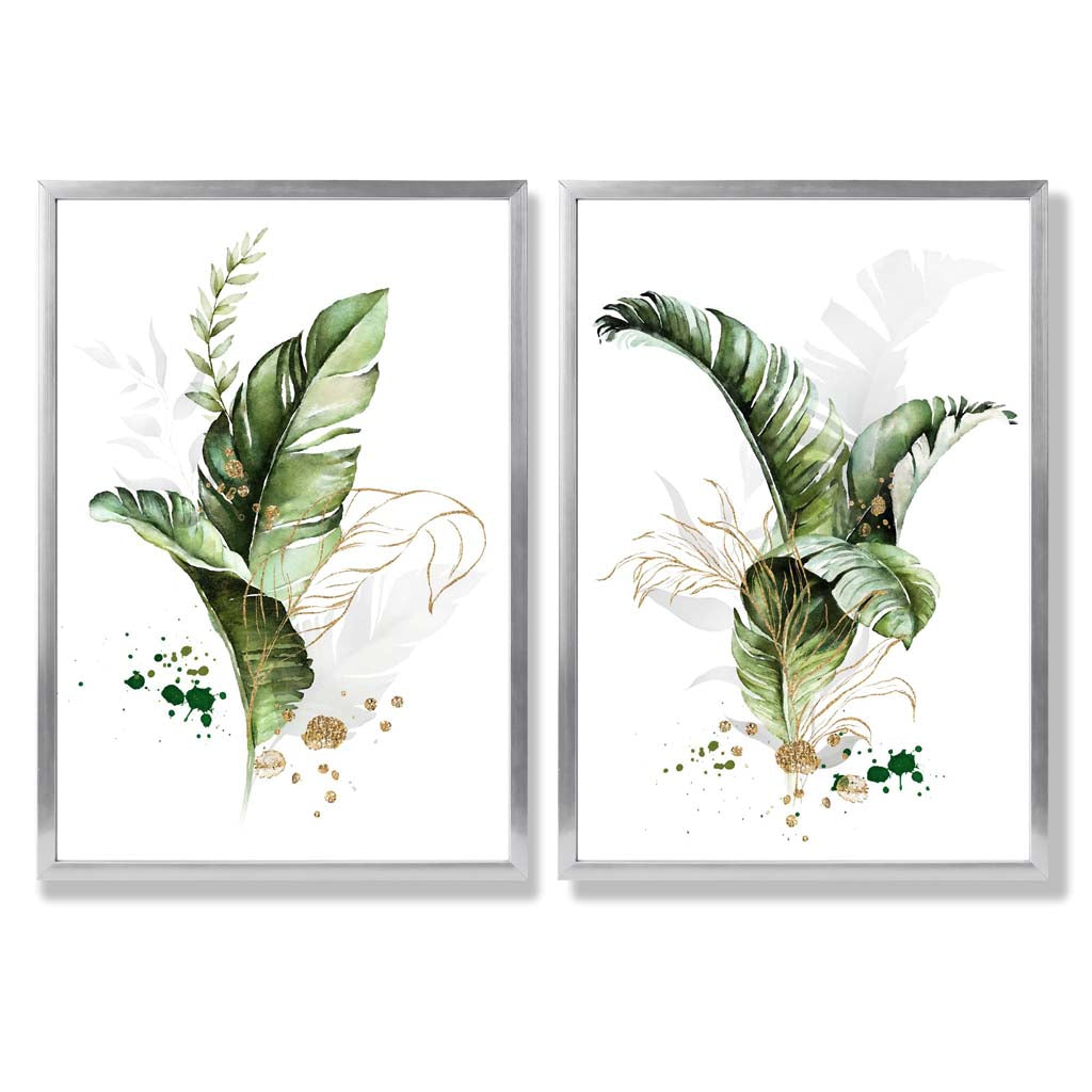 Abstract Green Botanical Leaves Set of 2 Art Prints with Silver Frame
