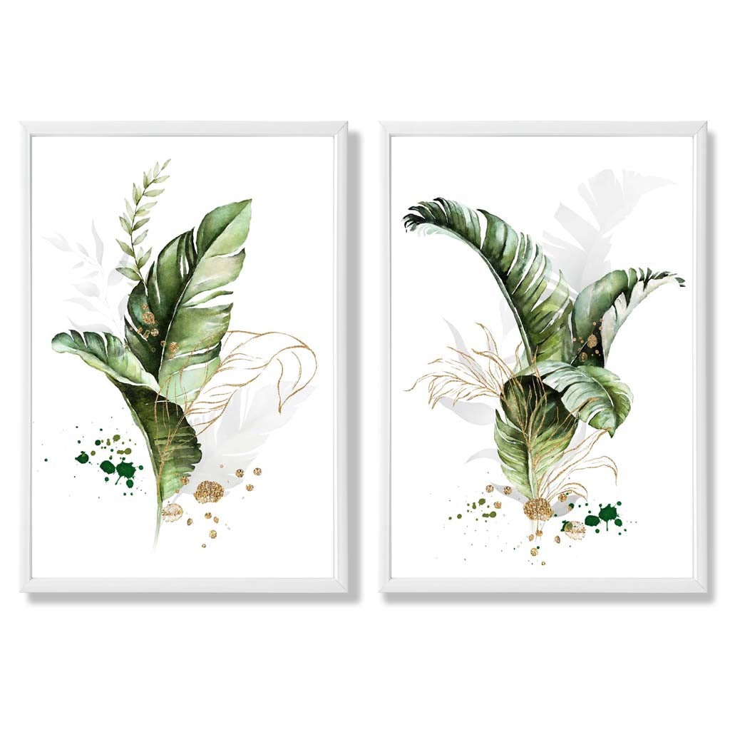 Abstract Green Botanical Leaves Set of 2 Art Prints with White Frame