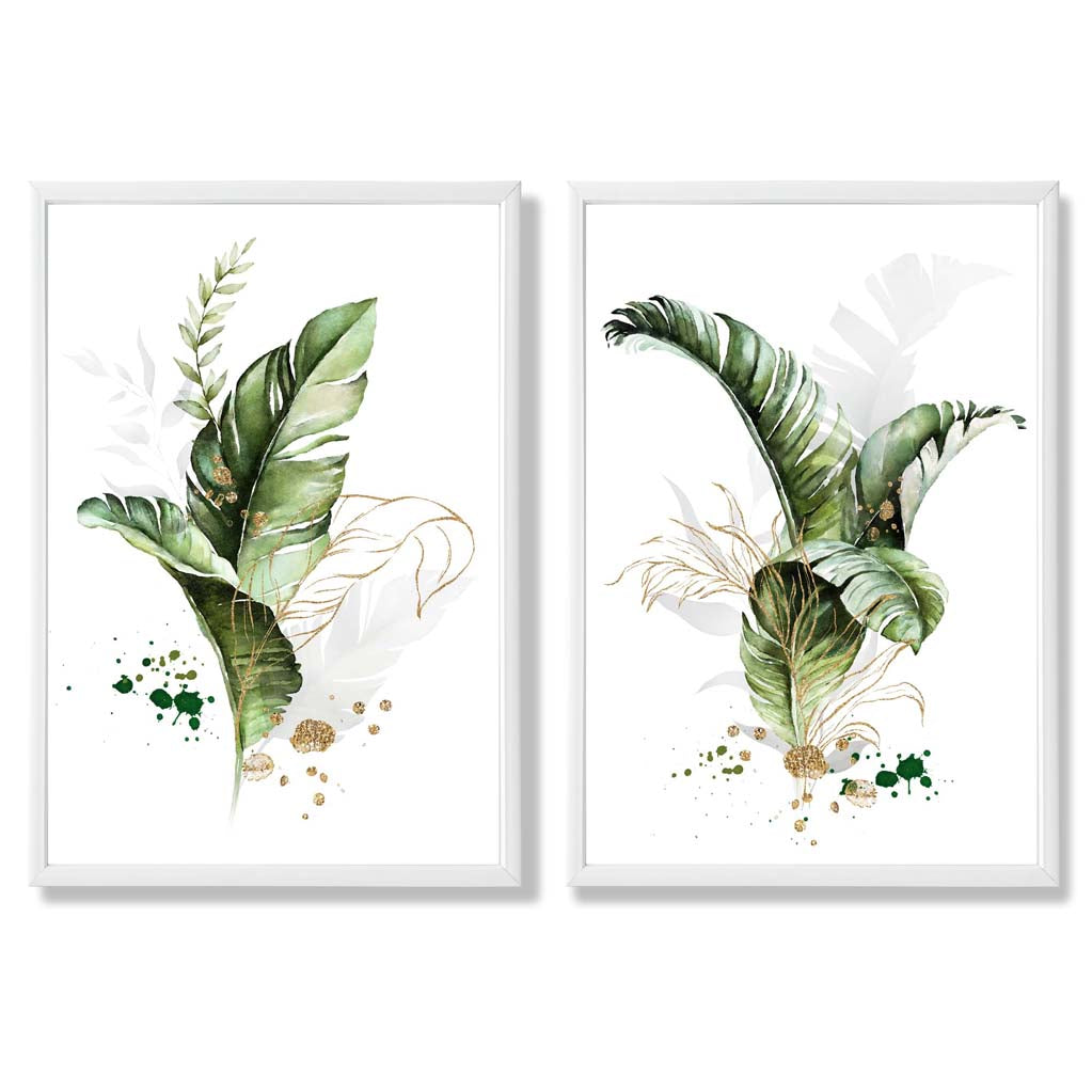 Abstract Green Botanical Leaves Set of 2 Art Prints with White Frame