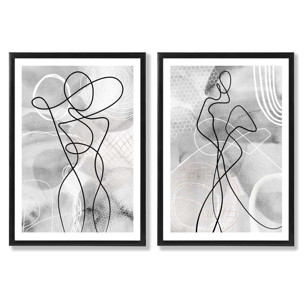 Grey Female Line Art Fashion Set of 2 Art Prints with Black Frame