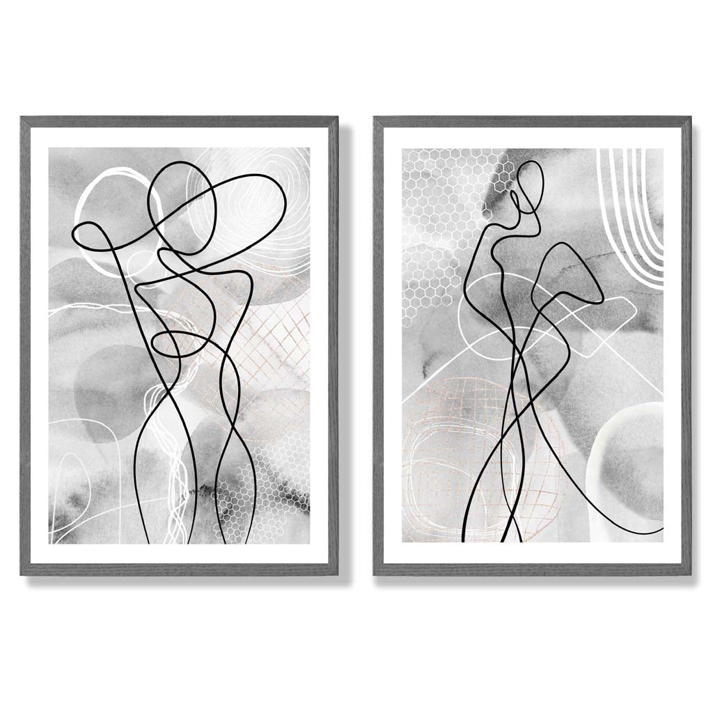 Grey Female Line Art Fashion Set of 2 Art Prints with Dark Grey Frame