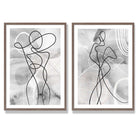 Grey Female Line Art Fashion Set of 2 Art Prints with Walnut Frame